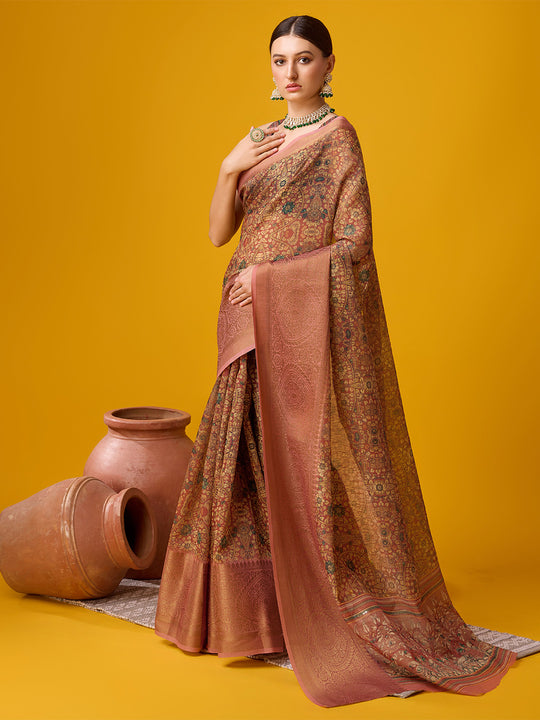 Brown Cotton Digital Print Saree With Blouse Piece