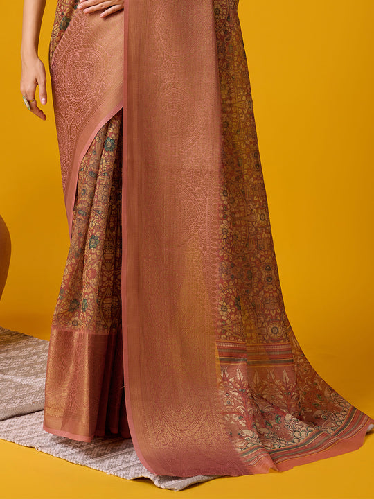 Brown Cotton Digital Print Saree With Blouse Piece