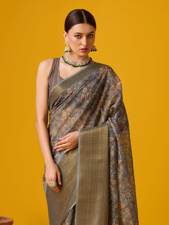 Grey Cotton Digital Print Saree With Blouse Piece