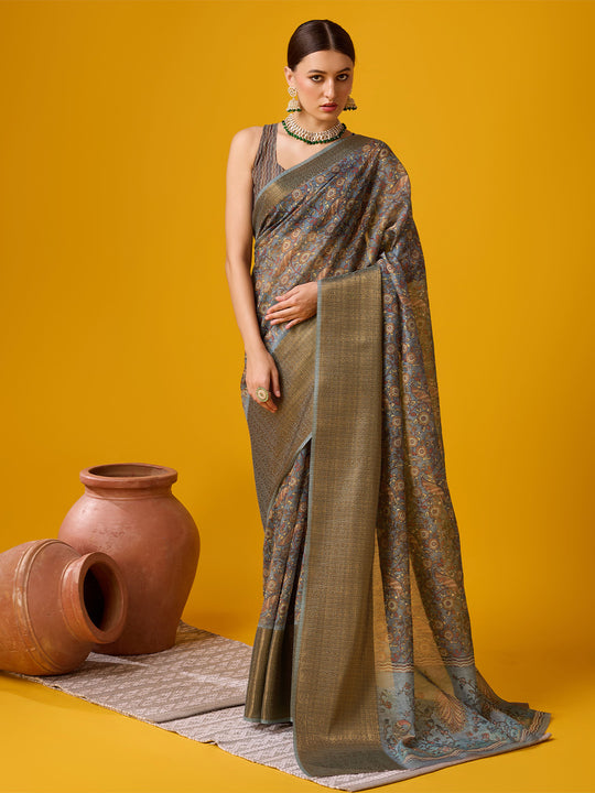 Grey Cotton Digital Print Saree With Blouse Piece