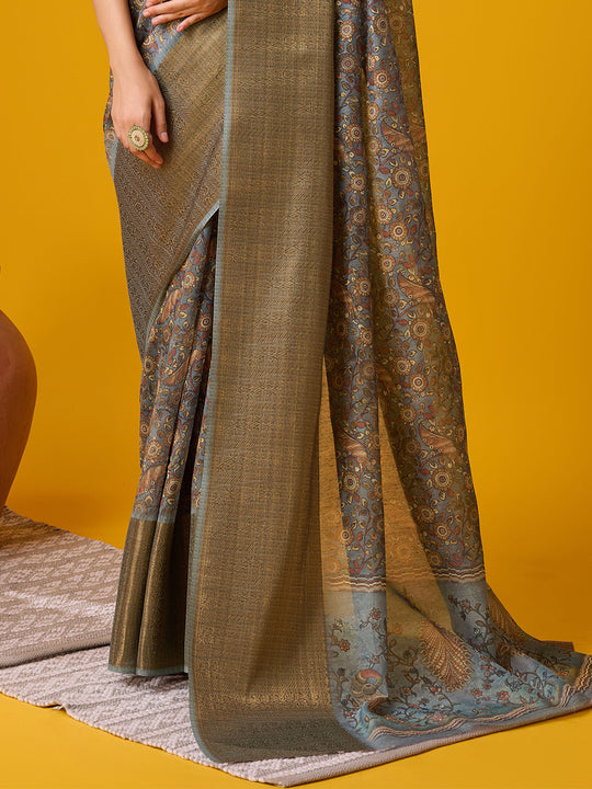 Grey Cotton Digital Print Saree With Blouse Piece