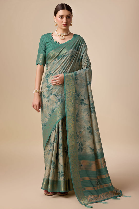 Teal Silk Saree With Blouse Piece