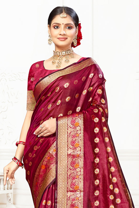 Maroon Cotton Saree With Blouse Piece