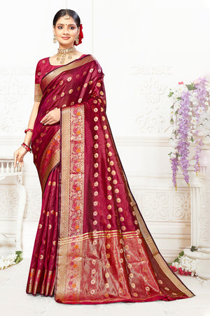 Maroon Cotton Saree With Blouse Piece