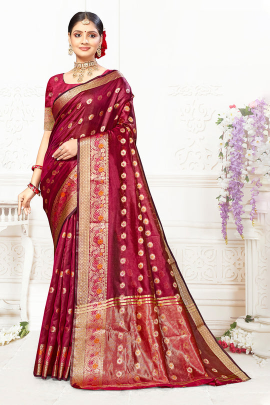 Maroon Cotton Saree With Blouse Piece