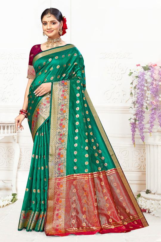 Green Cotton Saree With Blouse Piece