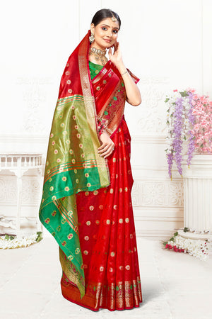 Red Cotton Saree With Blouse Piece