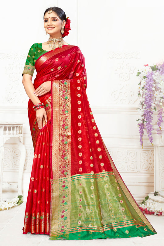 Red Cotton Saree With Blouse Piece