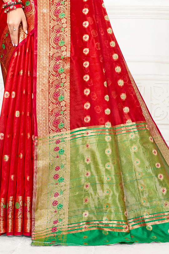 Red Cotton Saree With Blouse Piece