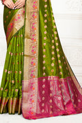 Mehendi Green Cotton Saree With Blouse Piece