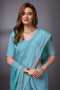 Blue Silk Chiffon Saree With Blouse Piece