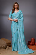 Blue Silk Chiffon Saree With Blouse Piece