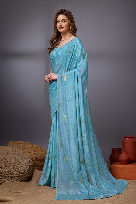 Blue Silk Chiffon Saree With Blouse Piece