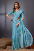 Blue Silk Chiffon Saree With Blouse Piece