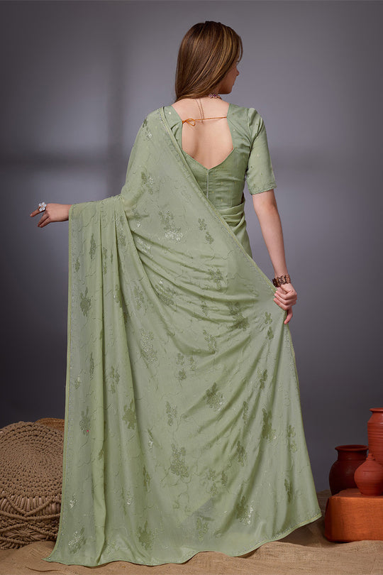 Mehendi Green Silk Chiffon Saree With Blouse Piece