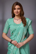 Teal Silk Chiffon Saree With Blouse Piece