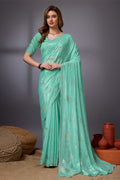 Teal Silk Chiffon Saree With Blouse Piece