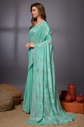 Teal Silk Chiffon Saree With Blouse Piece