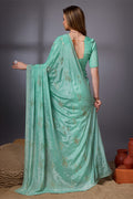 Teal Silk Chiffon Saree With Blouse Piece