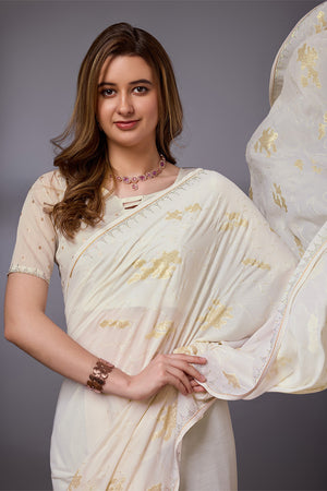 White Silk Chiffon Saree With Blouse Piece