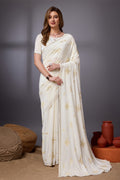 White Silk Chiffon Saree With Blouse Piece