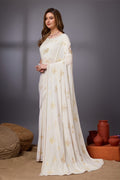 White Silk Chiffon Saree With Blouse Piece