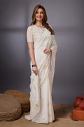 White Silk Chiffon Saree With Blouse Piece