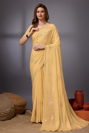 Yellow Silk Chiffon Saree With Blouse Piece