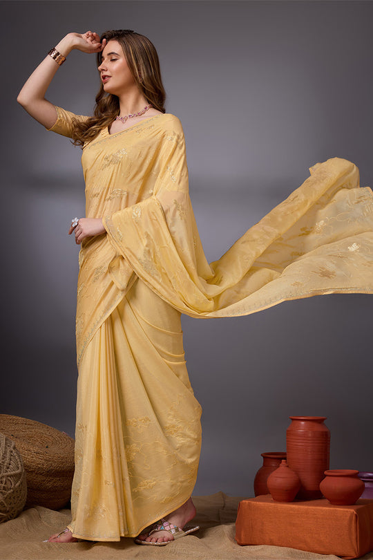 Yellow Silk Chiffon Saree With Blouse Piece