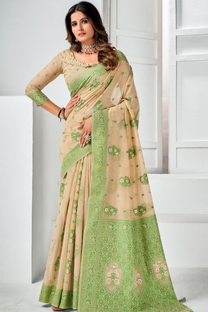 Beige And Green Cotton Saree