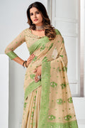 Beige And Green Cotton Saree
