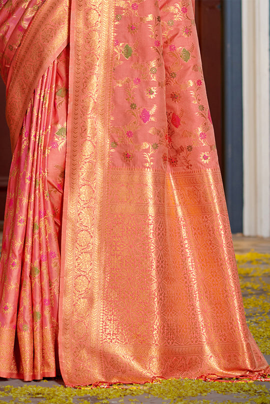 Peach Banarasi Silk Saree With Blouse Piece
