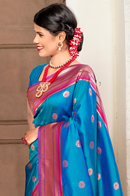 Cyan Blue Paithani Saree