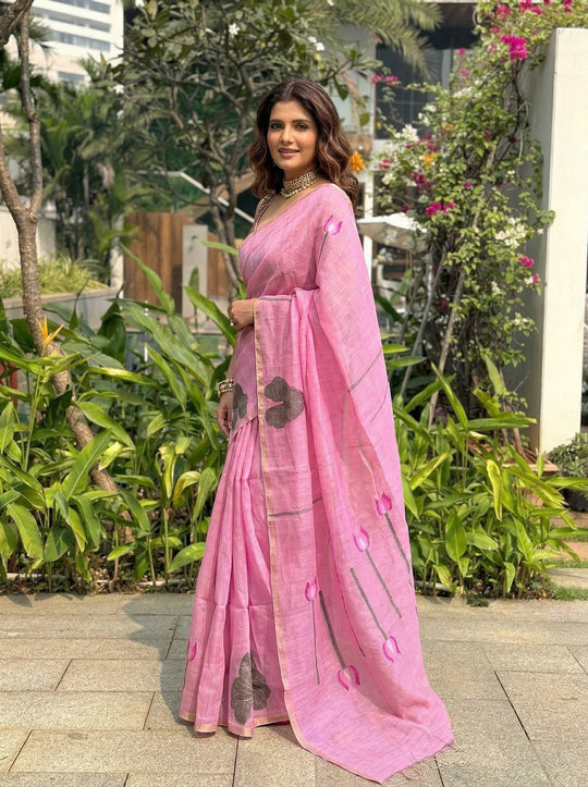 Floral Printed Cotton Linen Saree
