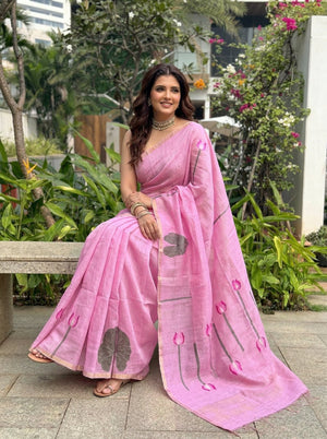 Floral Printed Cotton Linen Saree
