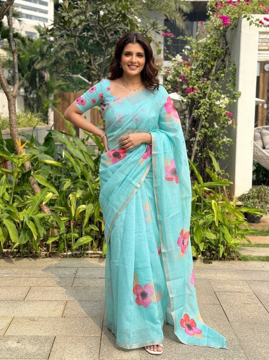 Floral Printed Cotton Linen Saree