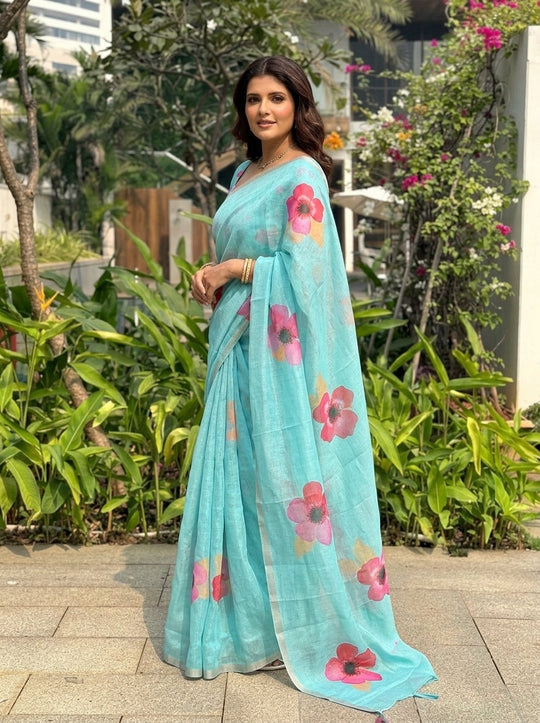Floral Printed Cotton Linen Saree