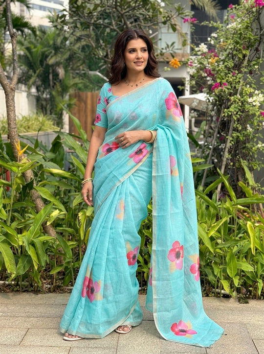 Floral Printed Cotton Linen Saree