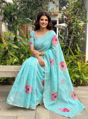 Floral Printed Cotton Linen Saree
