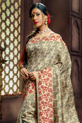 Womens Banarasi Silk Grey Saree With Blouse Piece