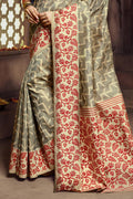 Womens Banarasi Silk Grey Saree With Blouse Piece