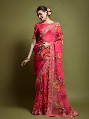 Georgette Chiffon With Flower Print With Embroidered Foil Work Saree