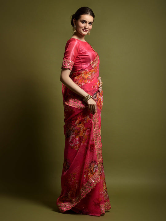 Georgette Chiffon With Flower Print With Embroidered Foil Work Saree