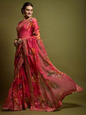 Georgette Chiffon With Flower Print With Embroidered Foil Work Saree