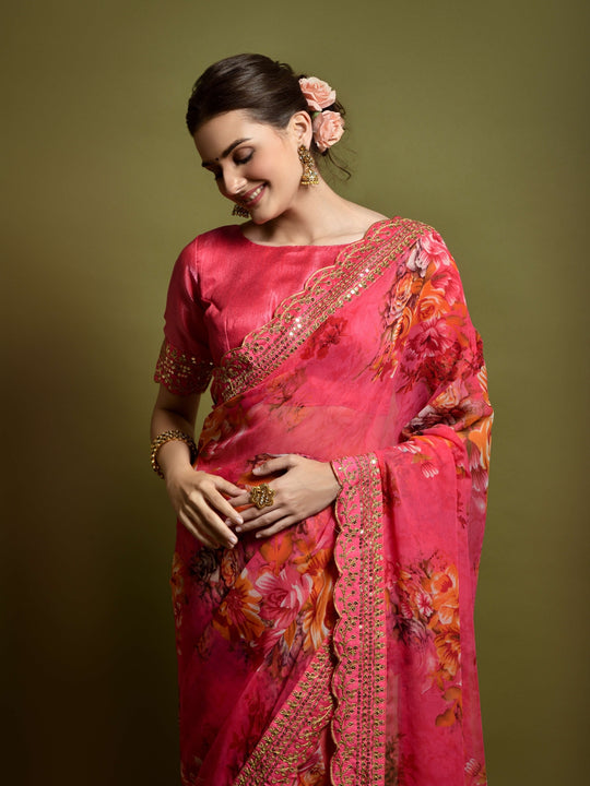 Georgette Chiffon With Flower Print With Embroidered Foil Work Saree
