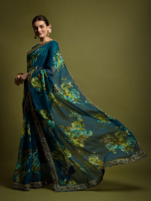 Georgette Chiffon With Flower Print With Embroidered Foil Work Saree