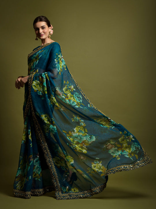 Georgette Chiffon With Flower Print With Embroidered Foil Work Saree