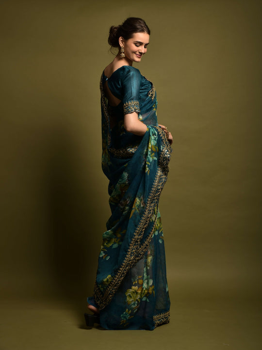 Georgette Chiffon With Flower Print With Embroidered Foil Work Saree