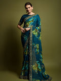 Georgette Chiffon With Flower Print With Embroidered Foil Work Saree