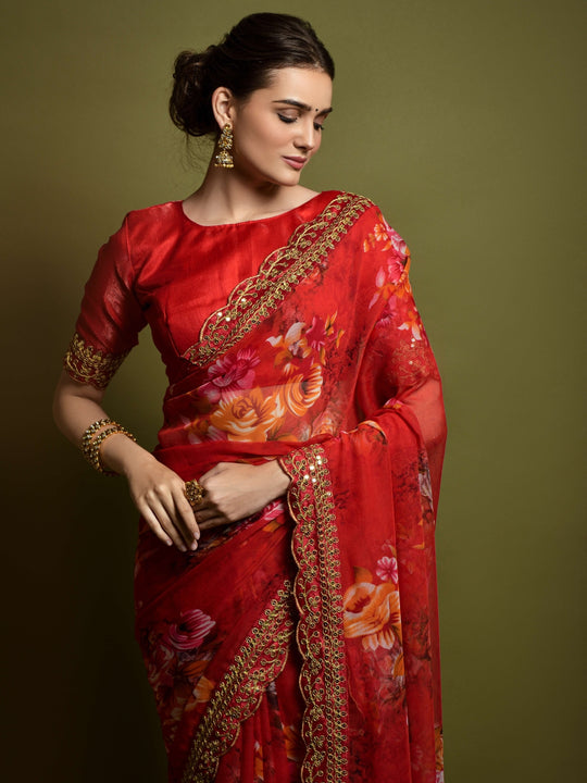 Georgette Chiffon With Flower Print With Embroidered Foil Work Saree
